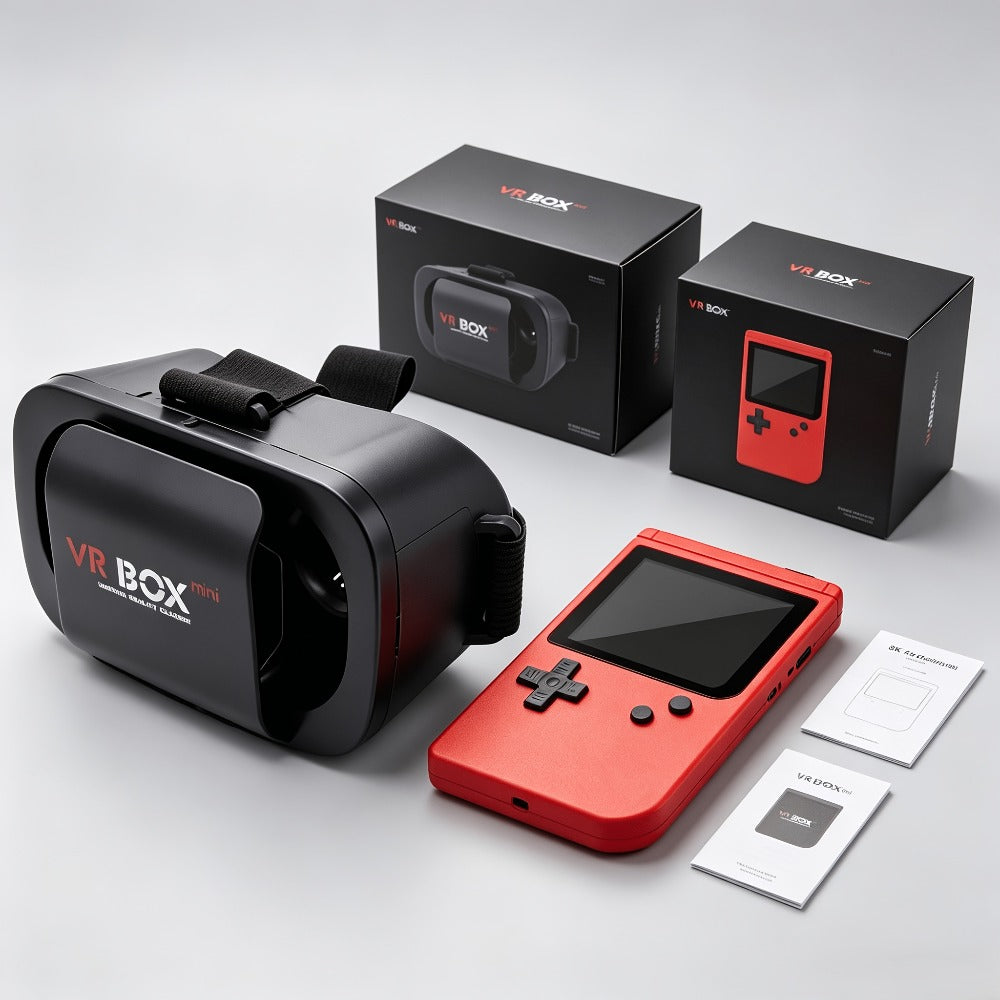 VR Headset & Retro Handheld Game Console Set – Mini 3D HD Virtual Reality Glasses with Portable Game Console, Immersive Gaming, Kids & Adults