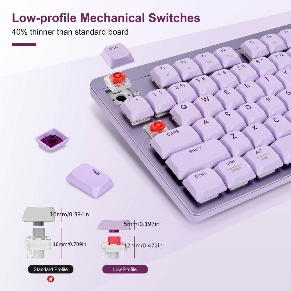 LeadsaiL FA98 Low Profile Wireless Mechanical Keyboard and Mouse Combo – 2.4GHz 98-Key 96% Slim Red Switch Silent Mouse, Ergonomic Design for Windows & Mac | Aesthetic Colors Purple, Silver & Pink