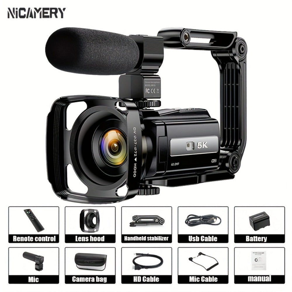 5K 30FPS Vlog Camera 48MP UHD WiFi with 16x Digital Zoom, IR Night Vision, 270° Rotatable Touch Screen & 6-Axis Stabilization - Outdoor Video Camera with Mic, Stand & Carry Bag