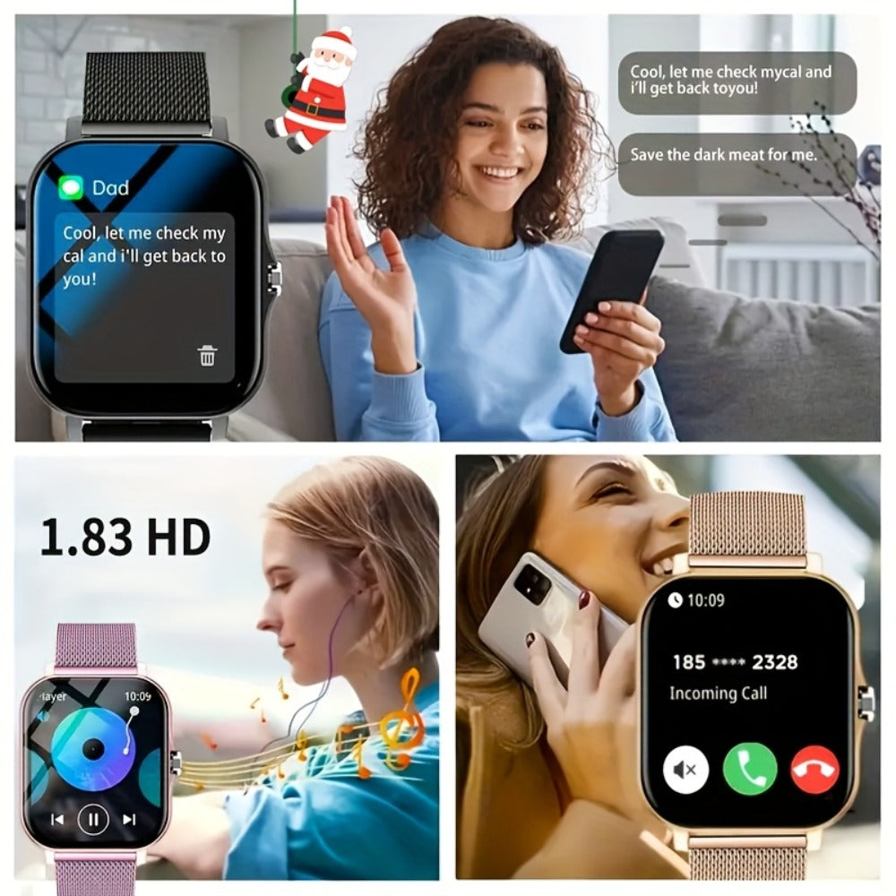 Gift Smartwatch Metal Strap – Wireless Calling, Music Player, App Notifications, Sports Mode, USB Rechargeable – Elegant Watch Gift for Women & Men Pink Black Silver Gold Android & iPhone