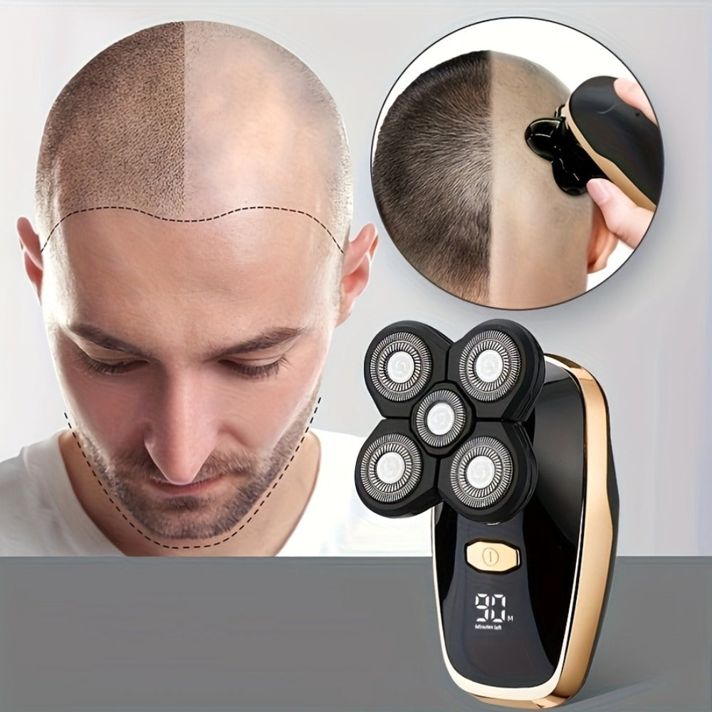 9D Floating Head Electric Razor for Bald Men 5-in-1 Grooming Kit Beard Trimmer Nose Hair Trimmer Facial Cleanser Body Groomer USB Rechargeable Cordless Shaver for Home Travel