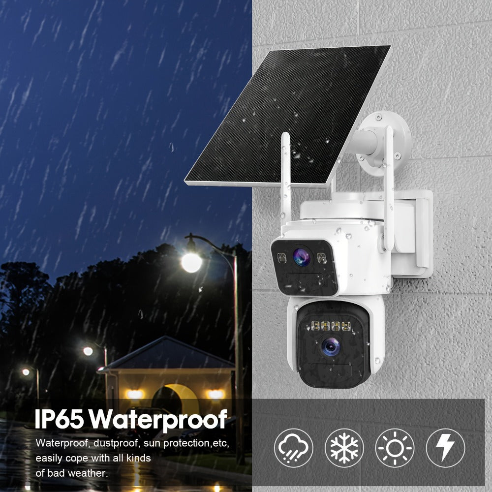 Dual Lens Solar Security Camera Outdoor Wireless WiFi Battery Powered with Color Night Vision, PIR Motion Detection, Two-Way Audio, Spotlight Alarm & 256GB TF Card Support – Wire-Free CCTV Surveillance