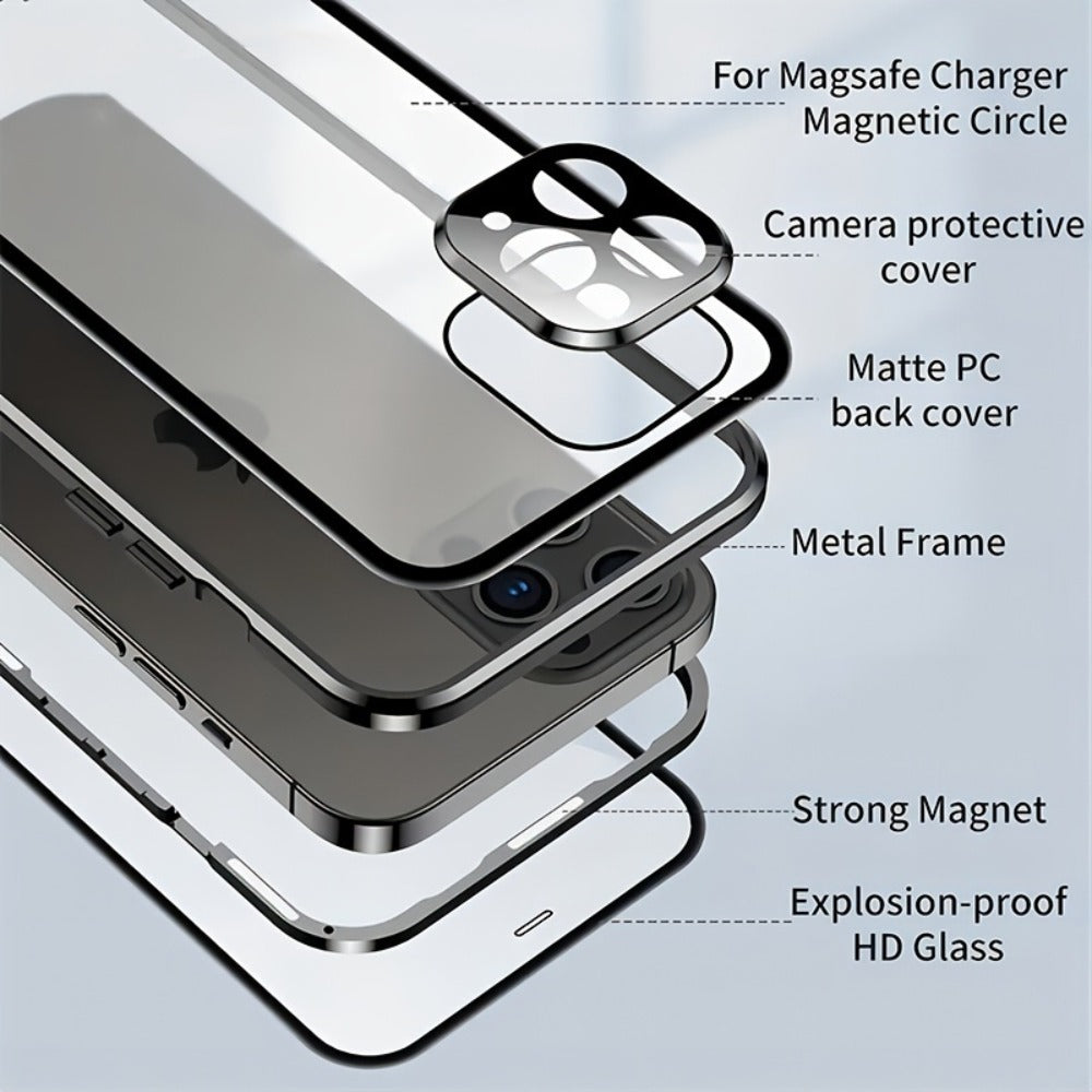 Double-Sided Glass iPhone Case with Stand 2-Piece Set Magnetic 360 Metal Frame Privacy Safety Lock Lens Protection for iPhone 16 Pro Max 16 Pro 16 Plus 16 15 Pro Max 14 Pro Max