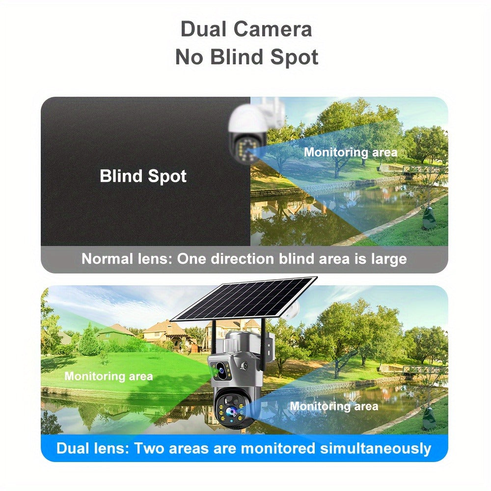 Solar Powered Wireless Security Camera Outdoor 360° PTZ WiFi Surveillance Cam Dual Lens Full Color Night Vision 4G Remote View No Dead Angle with TF Card & Cloud Storage