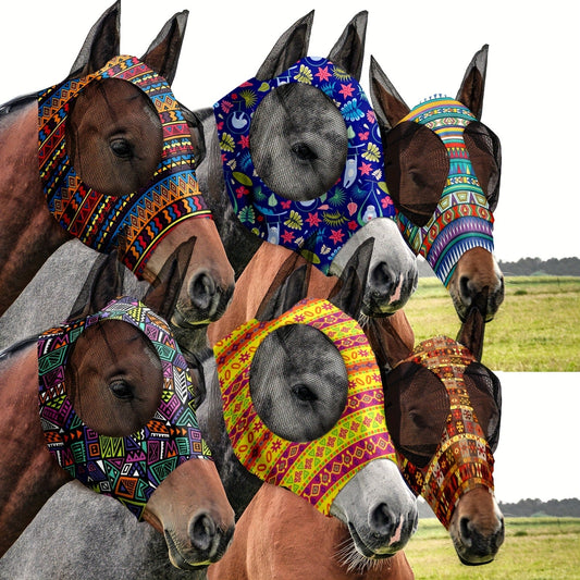 Horse Fly Masks with Ears, Elastic Geometric Design, Medium, 6-Pack