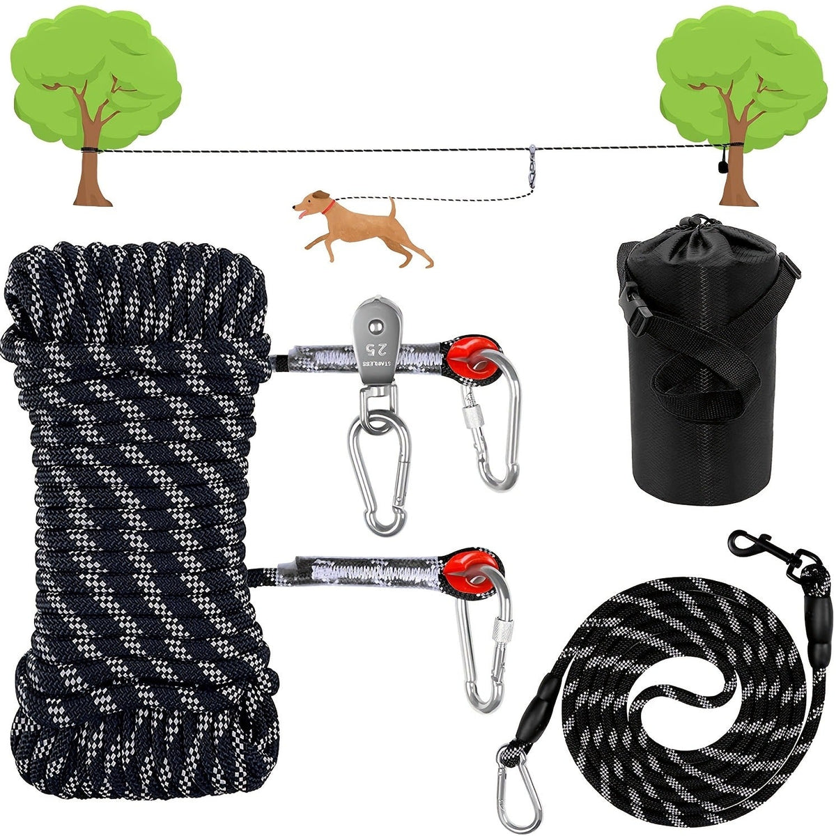Overhead Dog Trolley System 75ft - Heavy Duty Reflective Cable Runner, Supports Up to 200lbs, Portable Easy Setup for Yard, Park, Camping & Hiking, Black & Blue, Outdoor Dog Run