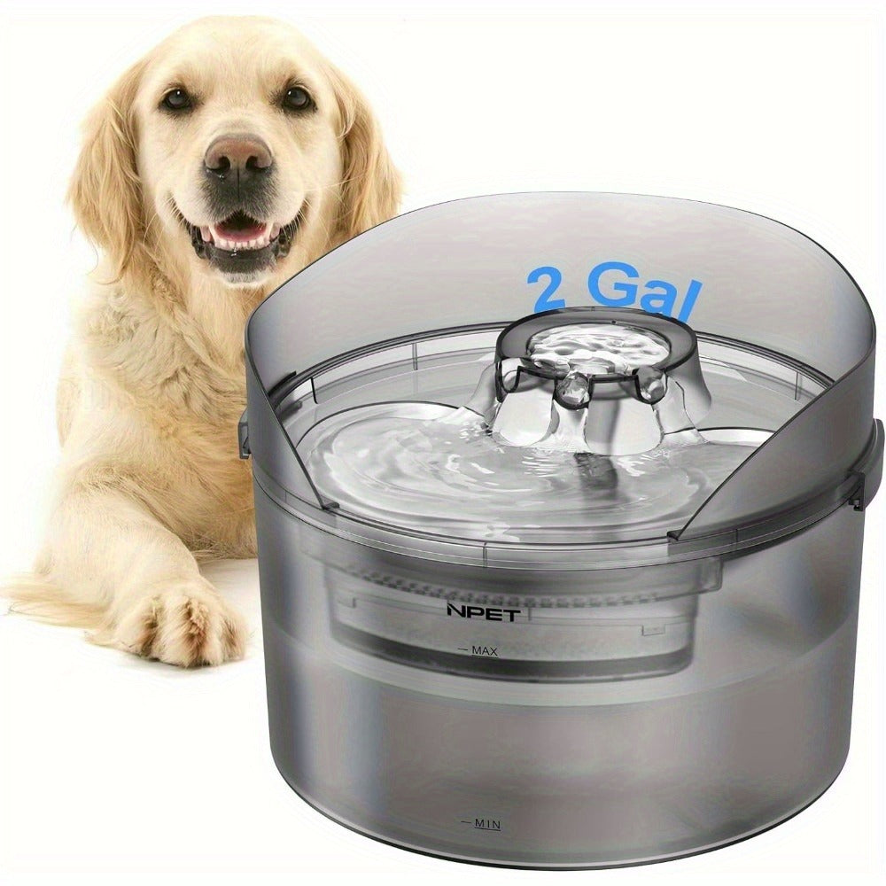 Dog Water Fountain 2 Gallon NPET DF30 - Automatic Pet Water Dispenser Triple Filtration with Splatter Guard & Cleaning Kit for Large Dogs & Multiple Pets 1.3Gal or 2Gal Options