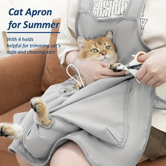Cat Grooming Restraint Bag with Four Paw Openings, Breathable Wrap in Gray