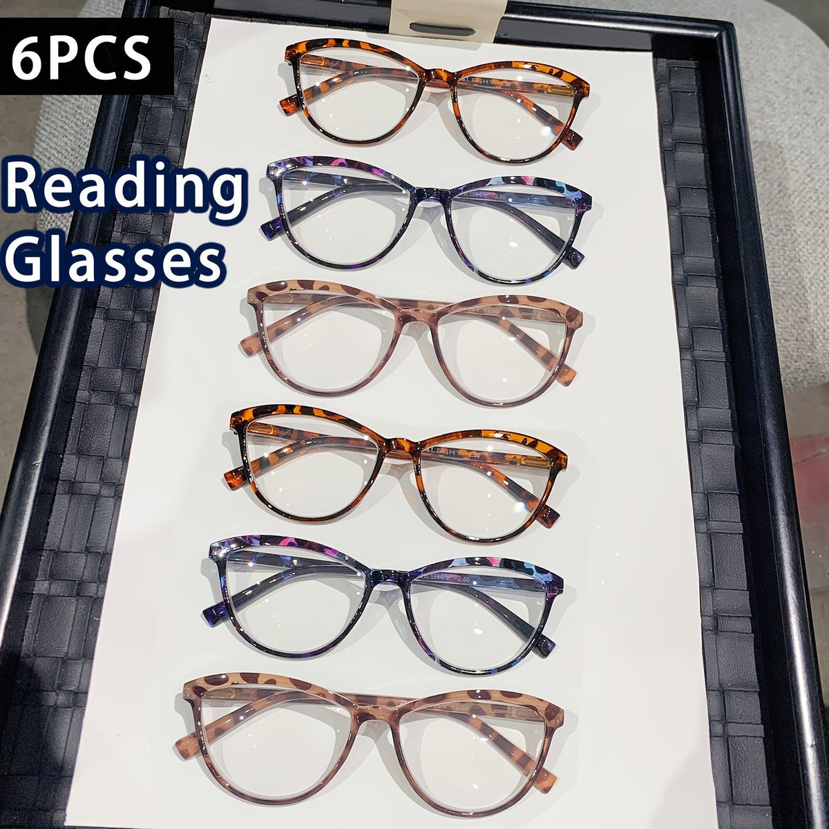 Reading Glasses for Women 6 Pack Cat Eye Anti Blue Light – Flower Wrapped Design, Spring Hinges, Lightweight Anti-Glare Frames in Various Colors for Computer Reading, Parties, Travel and Gifts