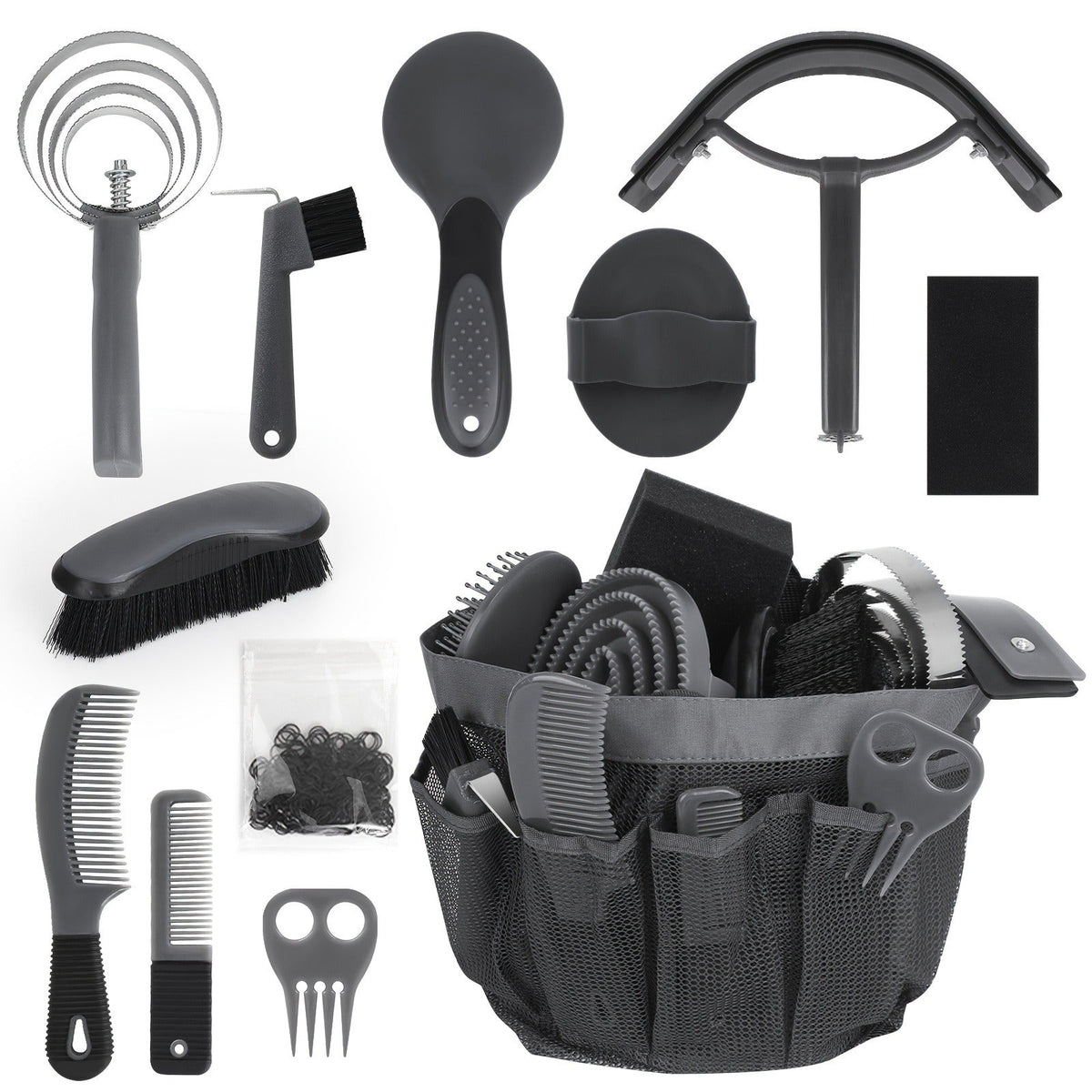 Horse Grooming Kit 11-Piece Set with Storage Bag – Complete Beginner & Daily Care Set with Curry Comb, Reversible Brush & Braiding Tools | SEAOTTER Professional Equine Grooming Supplies, Black
