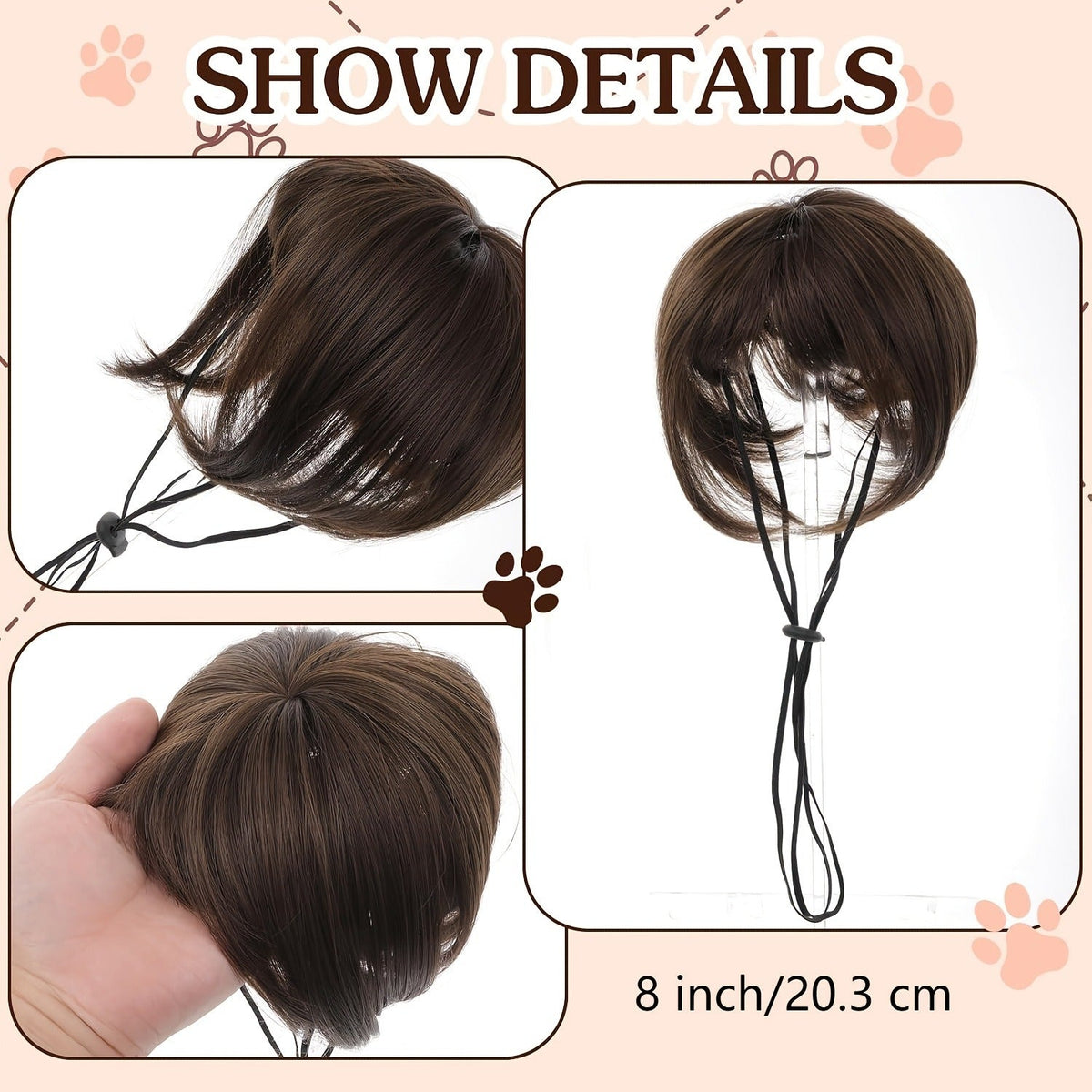 Dog Wig Costume for Small Medium Dogs, Funny Pet Hair Headpiece Adjustable Heat-Resistant Trimmable Black Brown Wig for Halloween Christmas Birthday Party Dress Up Photo Prop