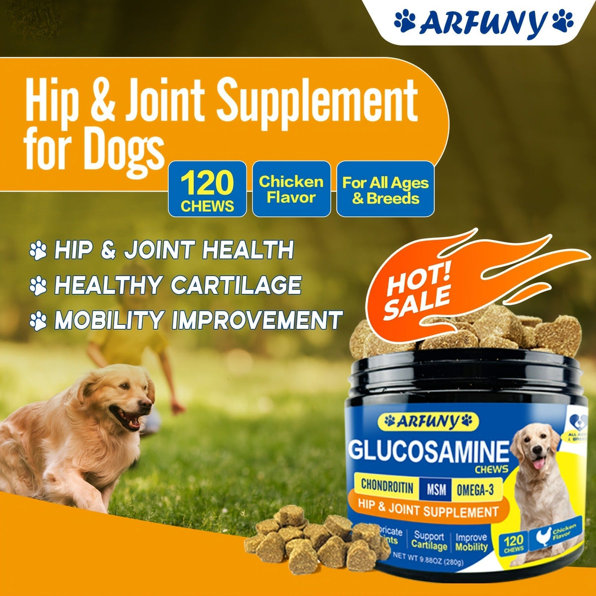 Dog Joint Supplement Chews, Chicken Flavor, 120 Count
