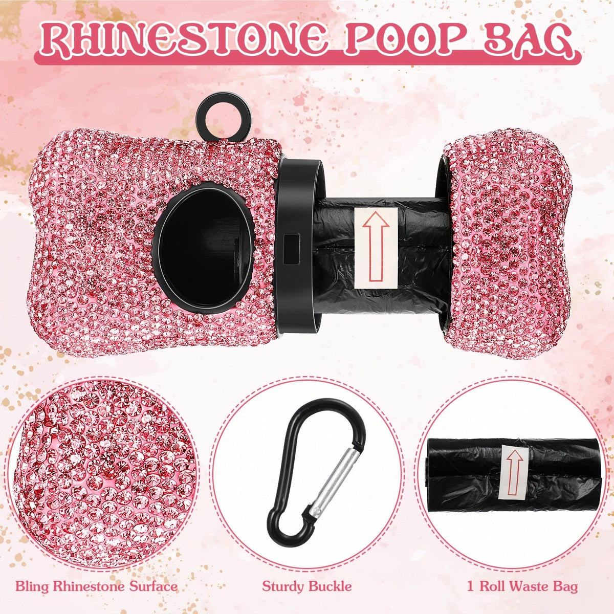 Retractable Dog Leash Set of 2 with Rhinestone Decoration, Pink Bone-Shaped Waste Bag Dispenser & Metal Clip, Bling Leash for Small Medium Dogs & Puppies, Stylish Pet Walking Accessory