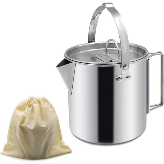 Stainless Steel Camping Kettle, 1.2L Portable Teapot with Lid and Hanging Loop
