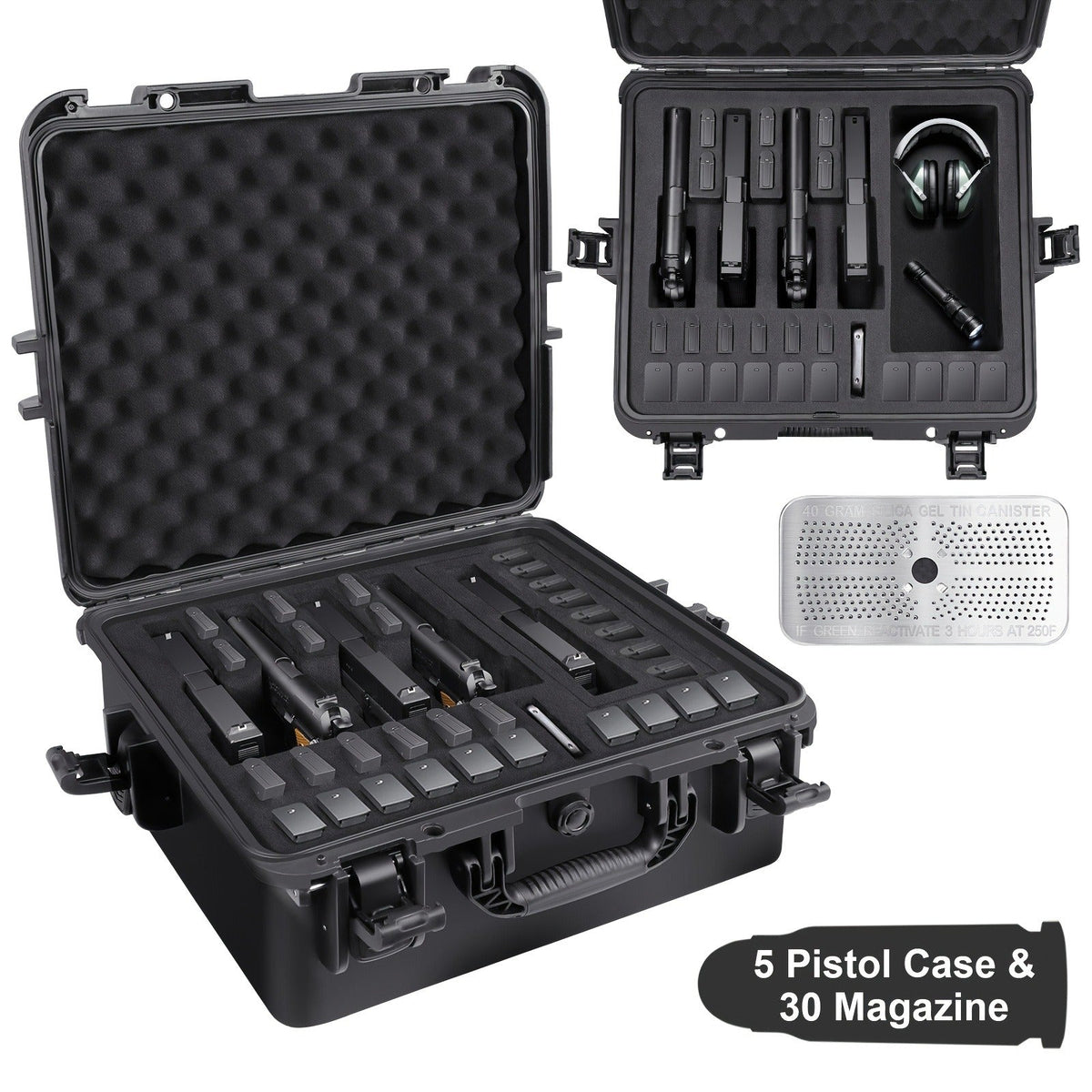 Hard Pistol Case Holds 5 Handguns & 30 Magazines - Lockable Travel Gun Case with Pre-Cut Foam, Silica Gel Canister, ABS Hard Shell, Multiple Pistol Storage Box for Handguns Under 11 Inches