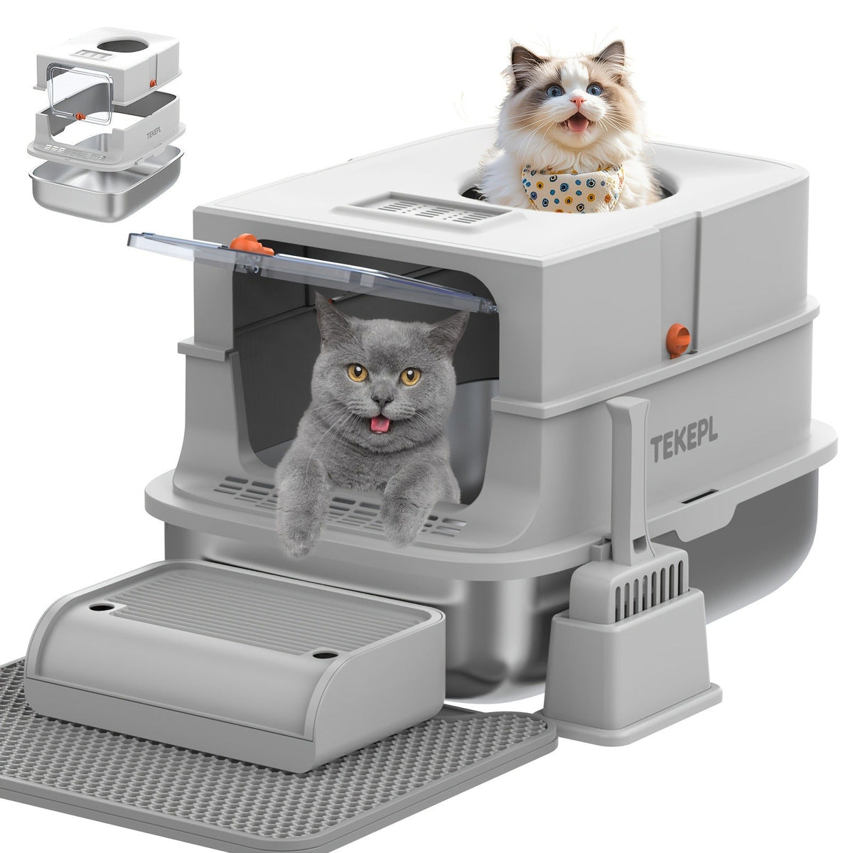 Stainless Steel Cat Litter Box with Lid - Extra Large 68L Enclosed & Semi-Open Modular System, 304 Steel Non-Stick Easy Clean, Charcoal Filter, Litter Mat & Scoop Included, Indoor XL Pet Toilet