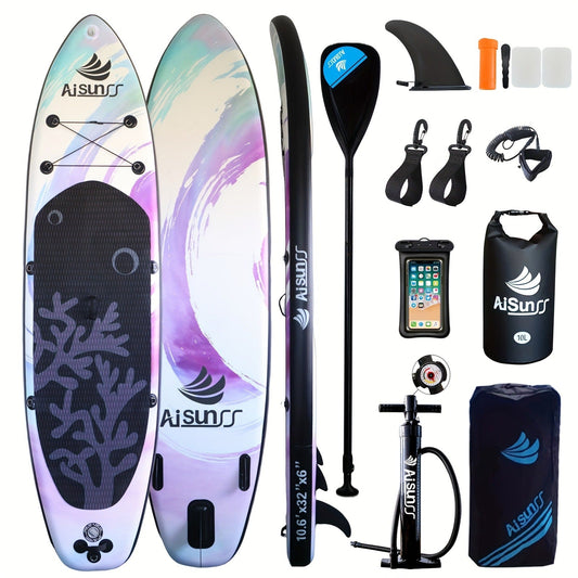 Inflatable Paddle Board, AISUNSS Wide SUP in Purple with Paddle, Pump and Carry Bag