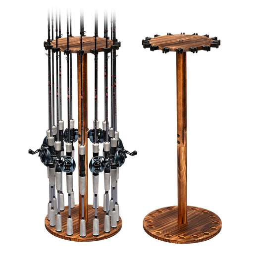 Fishing Rod Rack, Circular Wooden Holder for Up to 16 Rods with Base Options