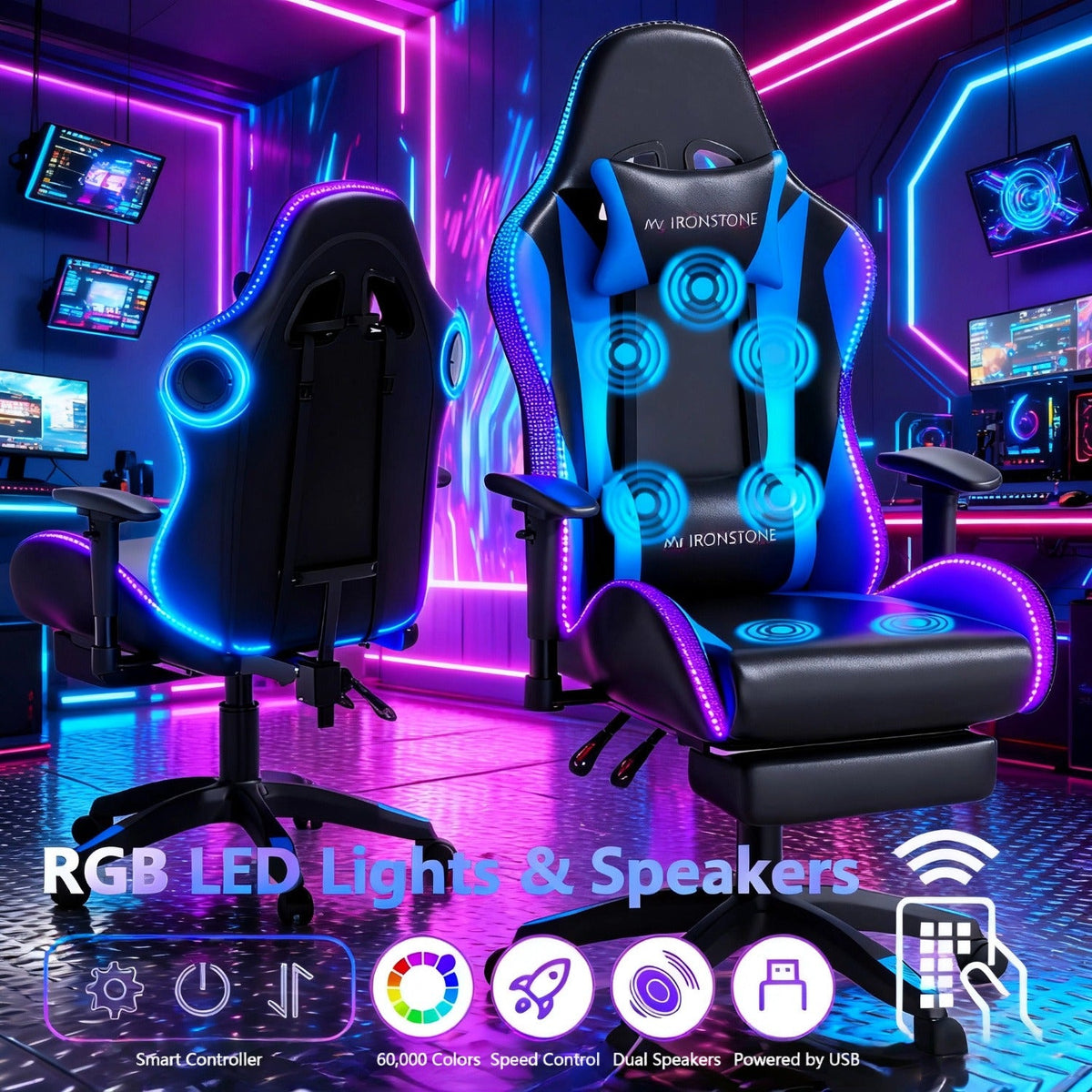 Gaming Chair with Massage and Bluetooth Speaker – RGB LED Lights, 135° Reclining with Footrest, 7-Point Vibration, 3D Adjustable Arms, 360° Swivel, Heavy Duty 400 lbs Big & Tall Ergonomic Chair, Blue Black