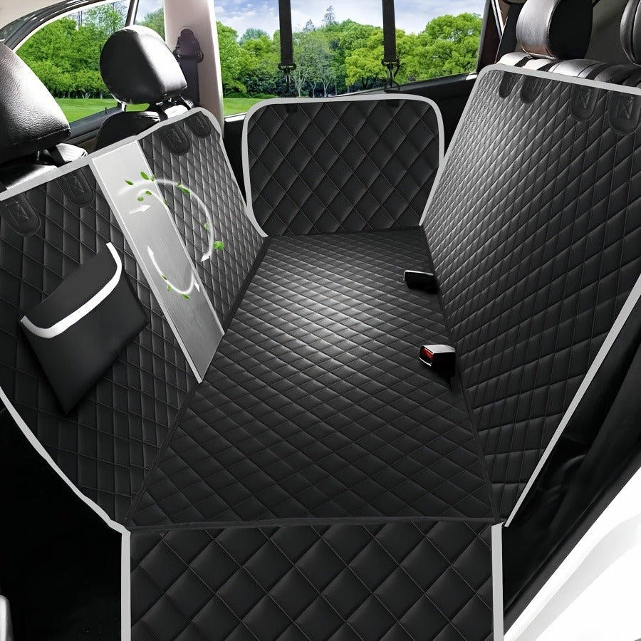 Dog Car Seat Cover Pet Hammock Waterproof Scratchproof Non-Slip Back Seat Protector with Mesh Windows & Storage Pockets, Universal Fit for Cars Trucks SUVs, Durable Nylon Pet Travel Accessory