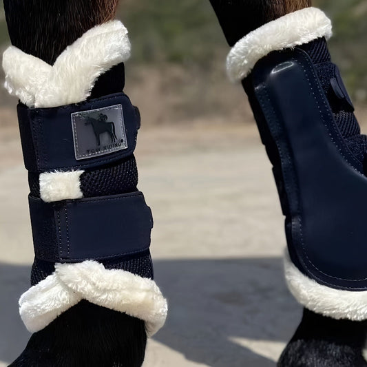 Horse Leg Wraps, Breathable Mesh and Faux Leather, Navy Blue Pair in S–XL