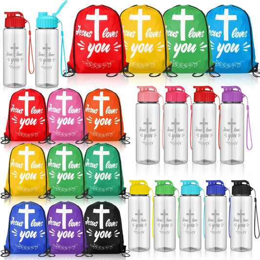 Christian Party Favor Set, 20 Pieces with 10 Drawstring Backpacks and 10 Sport Bottles