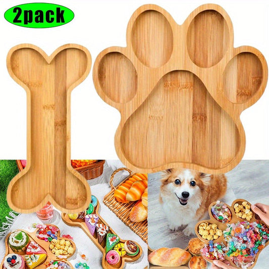 Bamboo Pet Food Bowl Set – Paw & Bone Shaped Wooden Serving Tray with 5-Compartment Snack Platter, Natural Charcuterie Board for Dogs & Cats, Party Candy Dish, 2 Pack