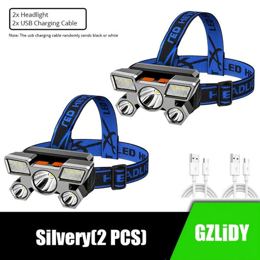 USB Rechargeable Headlamp 2-Pack with 5 LEDs and 4 Lighting Modes