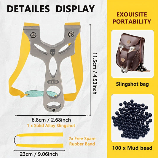 Alloy Slingshot Set, UFO Style with 100 Mud Pellets, 2 Rubber Bands and Carry Pouch