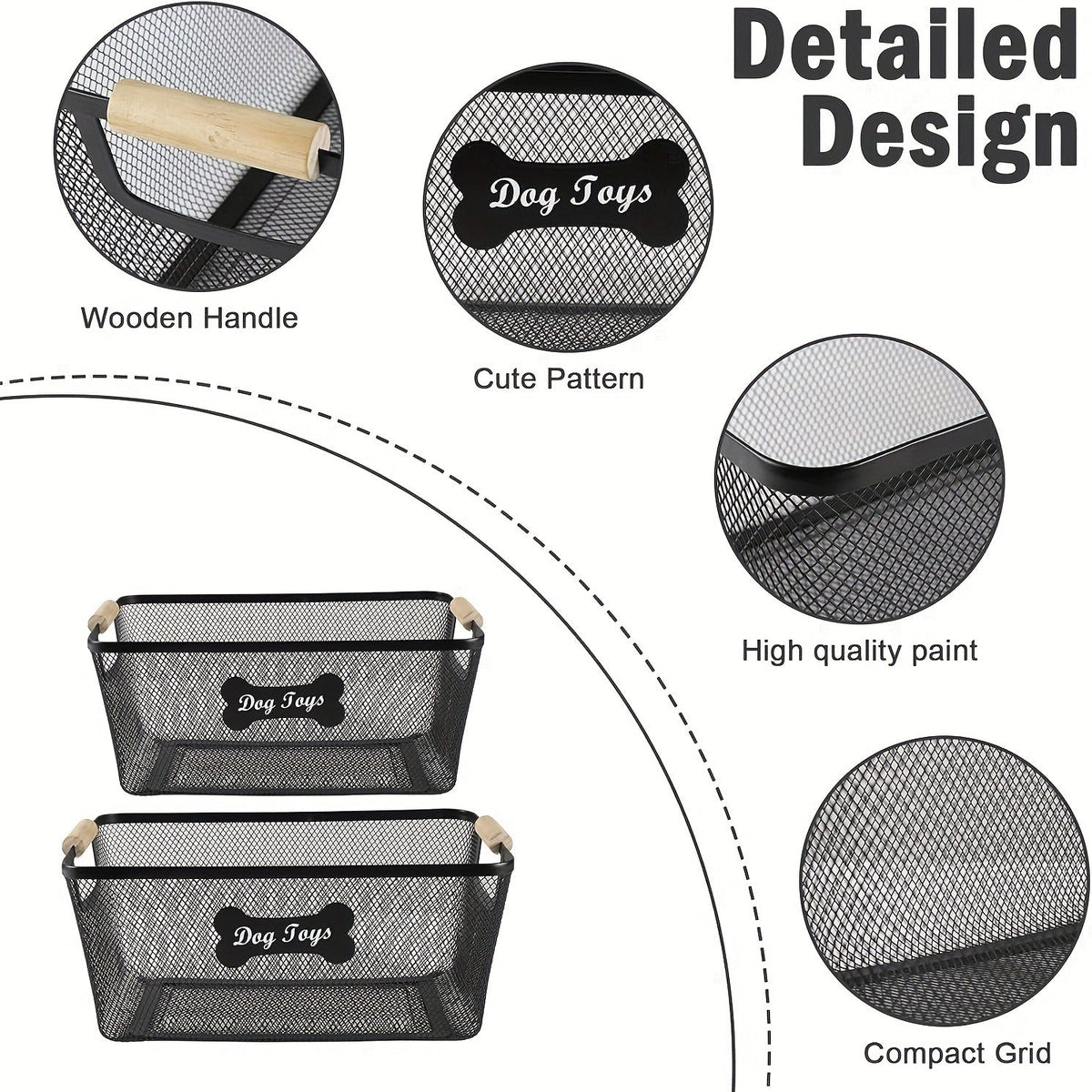 Metal Dog Toy Storage Basket Set with Wooden Handles – 2-Pack Mesh Wire Organizer Bin for Dog Toys, Collars, Blankets & Accessories