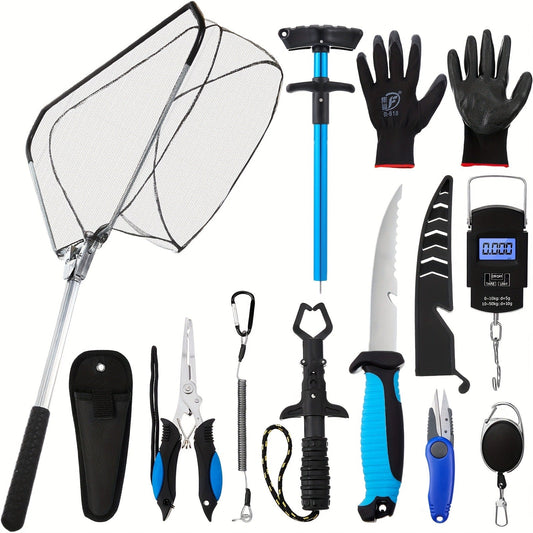 Fishing Tool Kit, 10-Piece Blue Set with Pliers, Landing Net, Fillet Knife and Scale