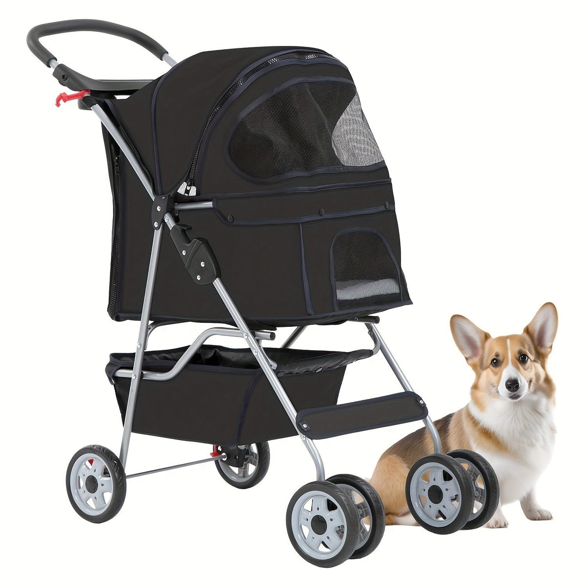 4-Wheel Pet Stroller with Cup Holder & Storage Basket | Portable Breathable Cat Dog Stroller, Smooth-Rolling Outdoor Pram for Small Medium Pets, Foldable Travel Jogger with Canopy, 5 Colors