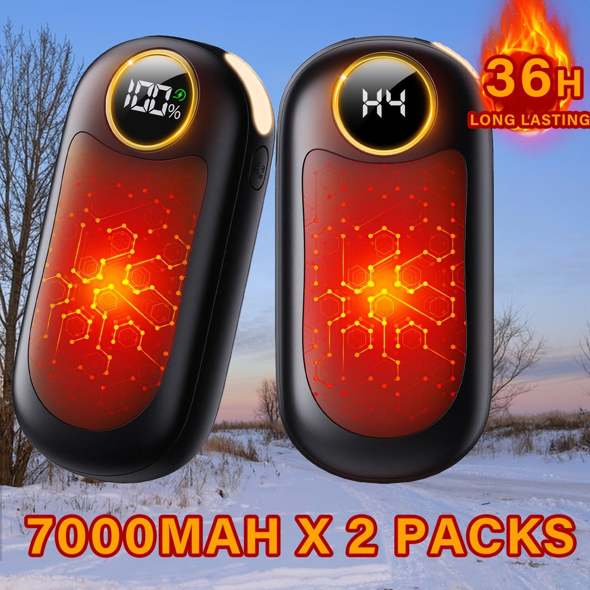 Rechargeable Hand Warmers 2 Pack – Dual-Sided Electric Pocket Heater with Power Bank & LED Light, 36Hrs Warmth, 4 Heat Levels, Portable Reusable Handwarmer Gift for Men & Women, Deep Black / Orange