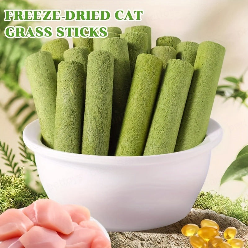 Cat Grass Freeze-Dried Sticks – Natural Dental Chew Snacks for Cats, Hairball Removal & Teeth Cleaning, Consumable Cat Grass Chew Toy (15 or 30 pcs)