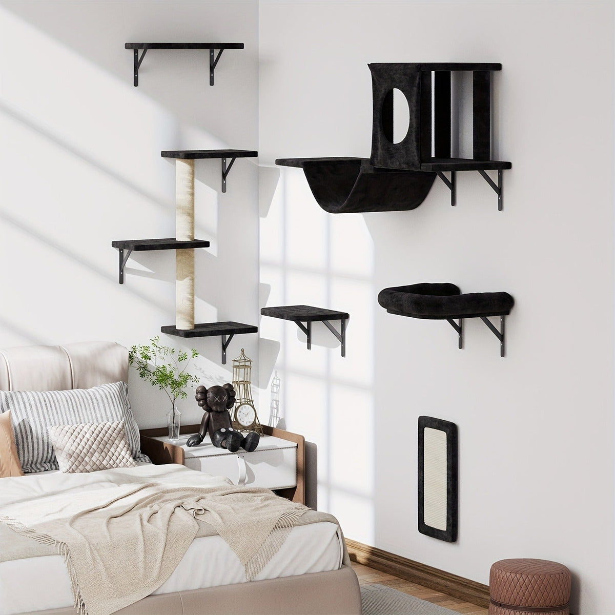 Cat Wall Shelf Climbing Set – 7-Piece Deluxe Wall Mounted Cat Furniture with Condo, Scratching Post, Bridge, Ladder & Tunnel for All Cat Sizes