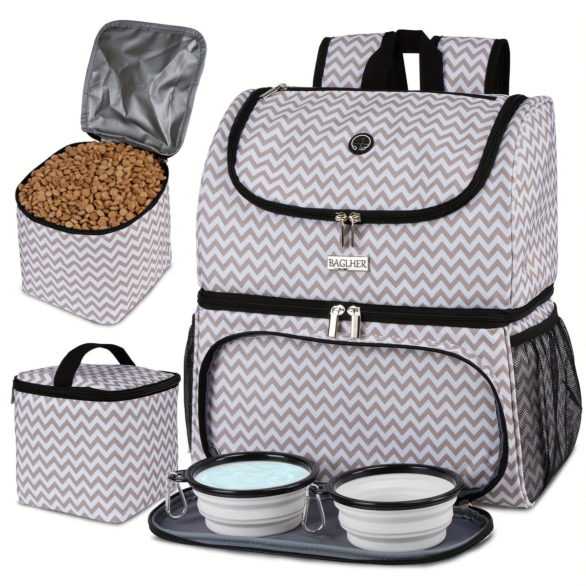Pet Travel Backpack Double Layer Dog Cat Supplies Bag with 2 Collapsible Bowls 2 Food Baskets Portable Organizer for Outdoor Hiking Camping Road Trip
