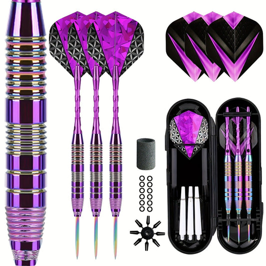 Steel Tip Darts Set, 24g Metal Alloy Barrels with Extra Flights and Shafts, Purple
