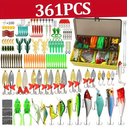 Fishing Lures Kit with Tackle Box, 361-Piece Minnow, Spoon and Soft Bait Assortment