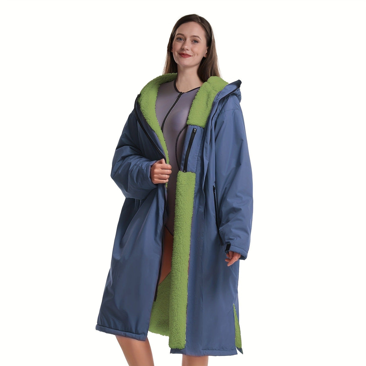 Changing Robe Fleece Lined Hooded – Long Sleeve Windproof Warm Surf Poncho for Swimming, Surfing, Diving, Camping & Hiking – 43.3x31.5in, 4 Colors: Navy, Black, Red, Blue