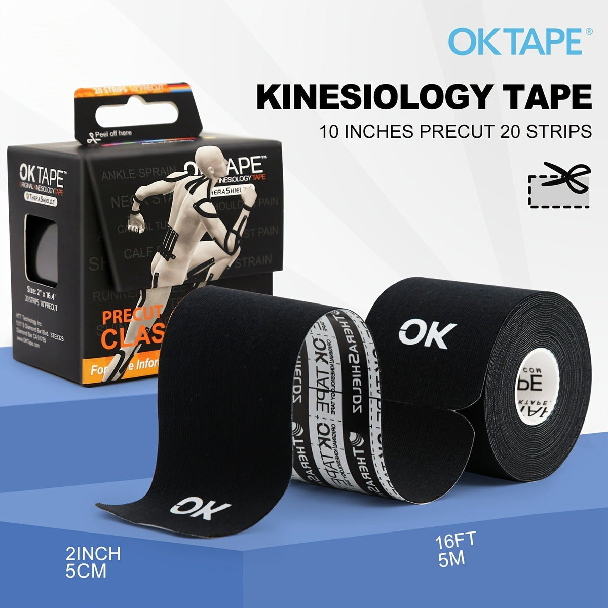 Kinesiology Tape 4 Rolls Precut 20 Strips, Cotton Elastic Athletic Tape Latex Free 2in x 16ft for Knee Shoulder Muscle Support Sports Recovery, Beige Black Pink Navy Blue Green Red