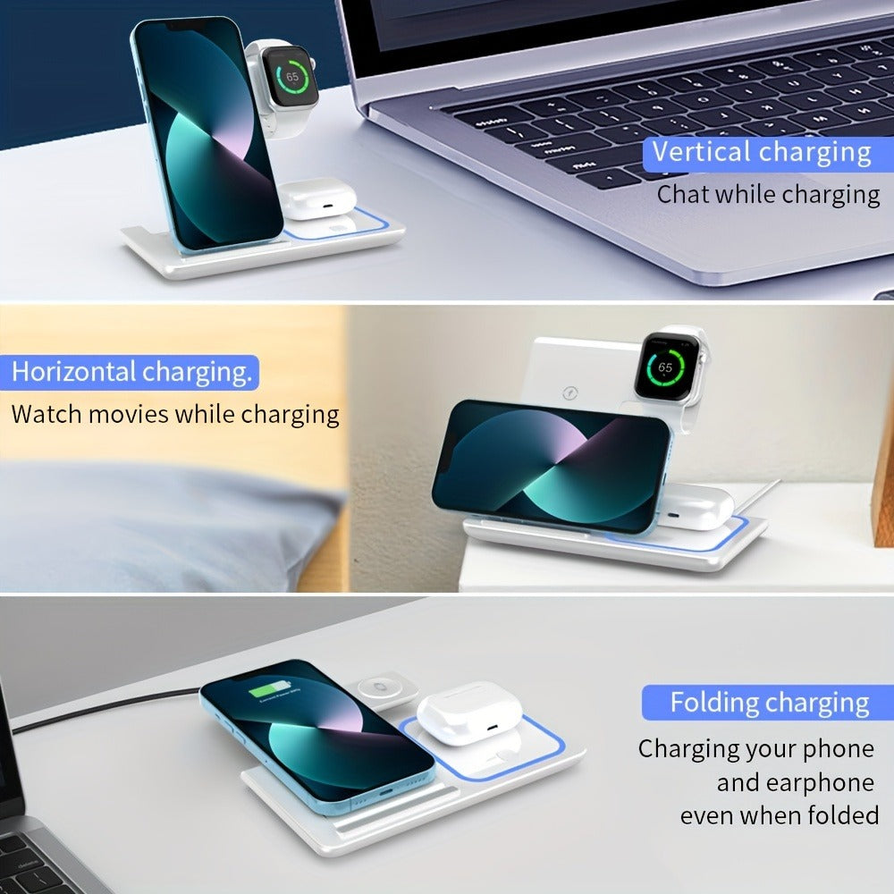 3-in-1 MagSafe Charging Station 15W – Fast Wireless Charger Stand for iPhone, Apple Watch & AirPods | Simultaneous Charging, White Black Pink