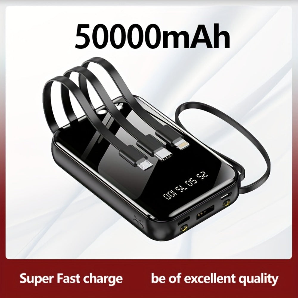 Built-in Cables Flashlight 50000mAh Power Bank Portable Charger, Fast Charging LED Display Emergency Battery Pack for iPhone Android Outdoor Travel Camping Hiking – Black Purple Available