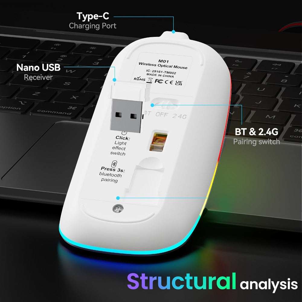 Slim Wireless Mouse Bluetooth 5.1 2.4G Dual Mode Silent Rechargeable LED Indicator Thin Quiet Computer Mouse iPad MacBook Mac Laptop PC Windows Chromebook Pink