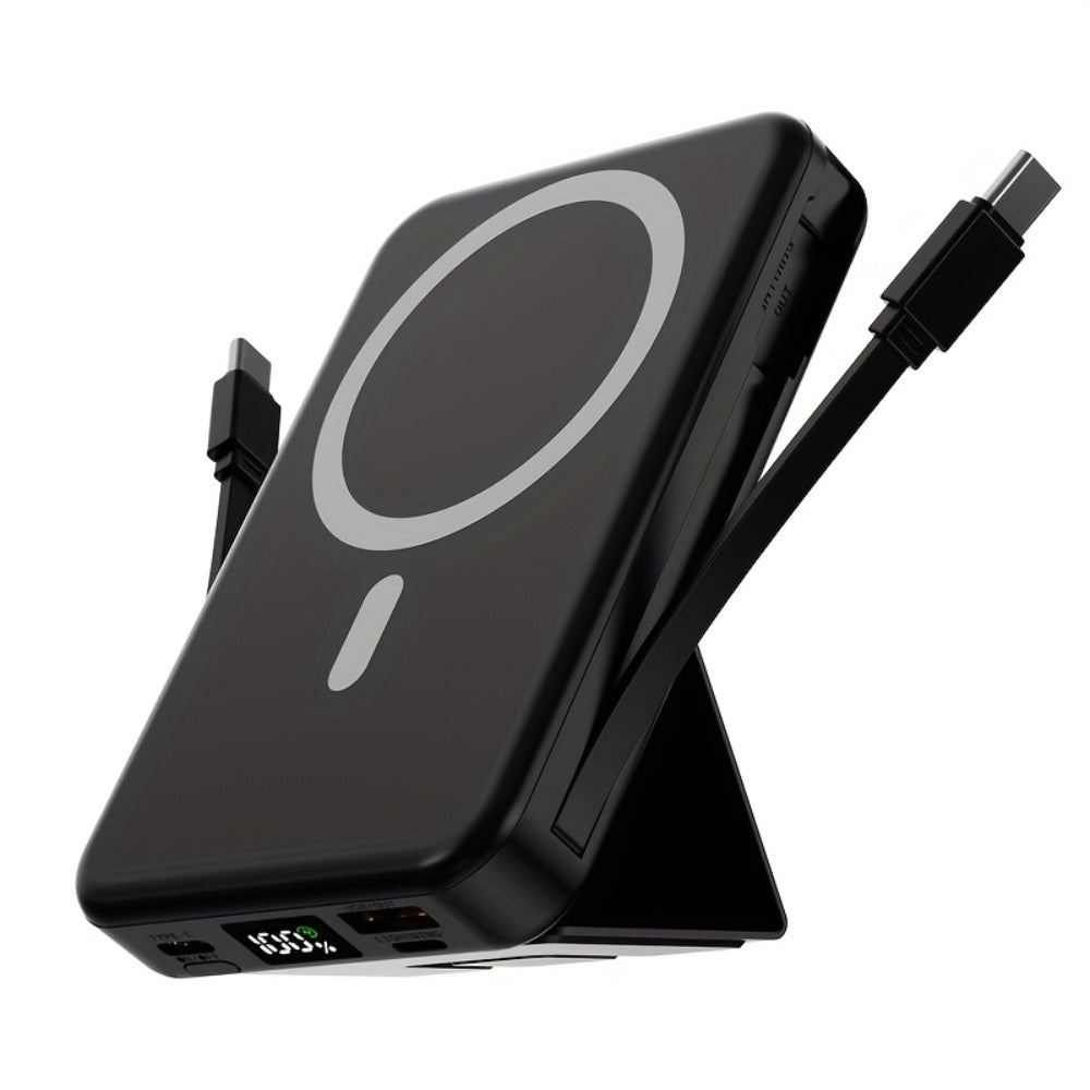 10000mAh Mini Power Bank with PD 22.5W Fast Charging, 15W Magnetic Wireless Charging, Built-in 2 Cables, Phone Stand & Digital Display – Slim Portable Charger for iPhone, Android, Travel, Airplane