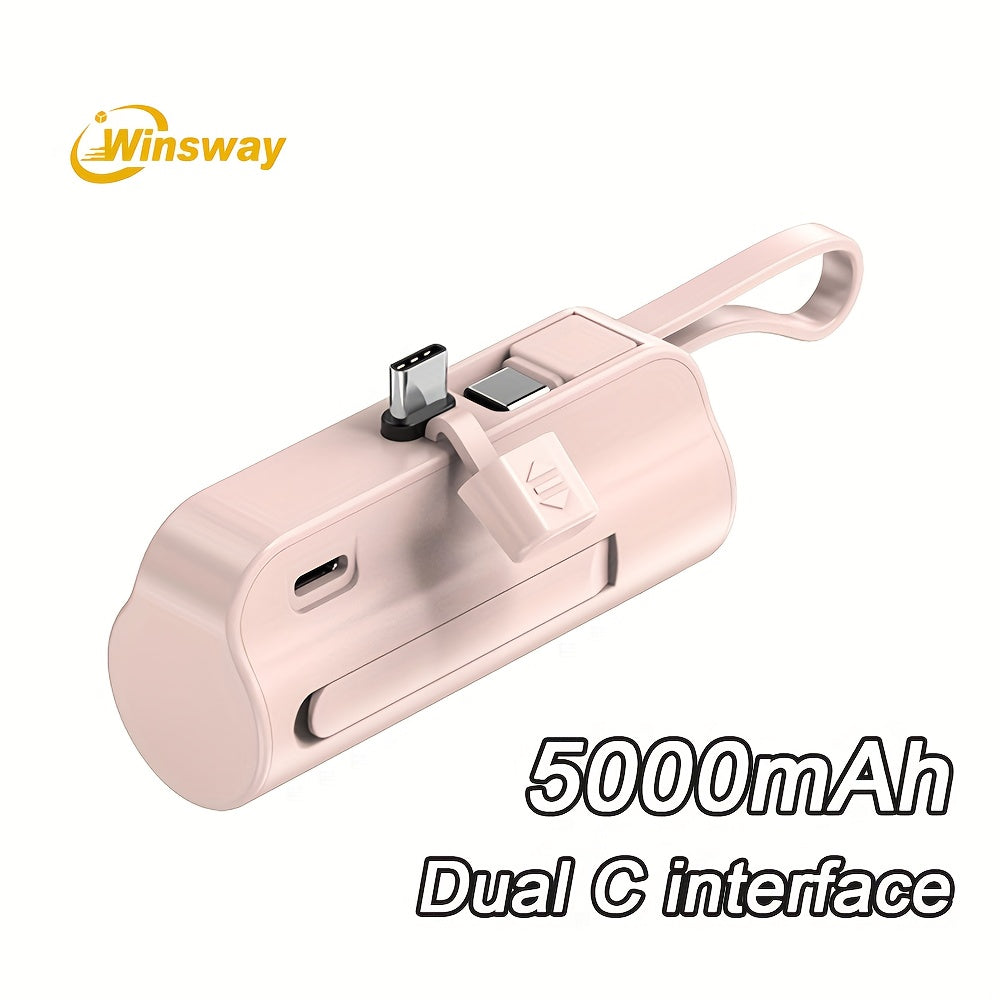 Capsule Mini Power Bank 5000mAh Dual Port Wireless Charging Phone Holder Fast Charge USB-C Cable Charge Two Phones at Once Pocket Portable Charger for Android Samsung iPhone