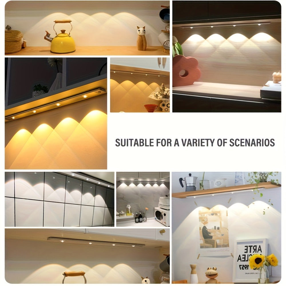 Motion Sensor Cabinet LED Strip Light USB Rechargeable 1400mAh - 3 Color Dimmable Wireless PIR Auto On Off 4 Sizes for Kitchen Wardrobe Wine Cabinet Shoe Cabinet Closet Bedroom Night Light