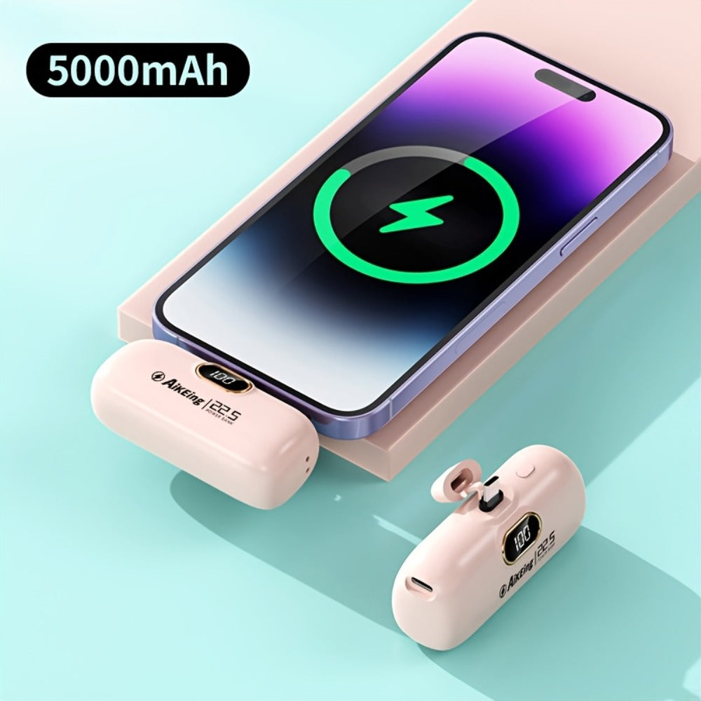 Mini Power Bank 5000mAh with Built-in USB-C Connector Fast Charging – Ultra-Compact Pocket Portable Charger for iPhone Android Samsung | Emergency Travel Charger | Green Pink