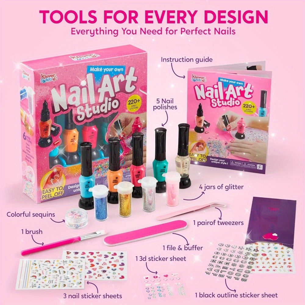 Kids Nail Art Kit with 220+ Stickers, Glitter & Polish Brush Pens