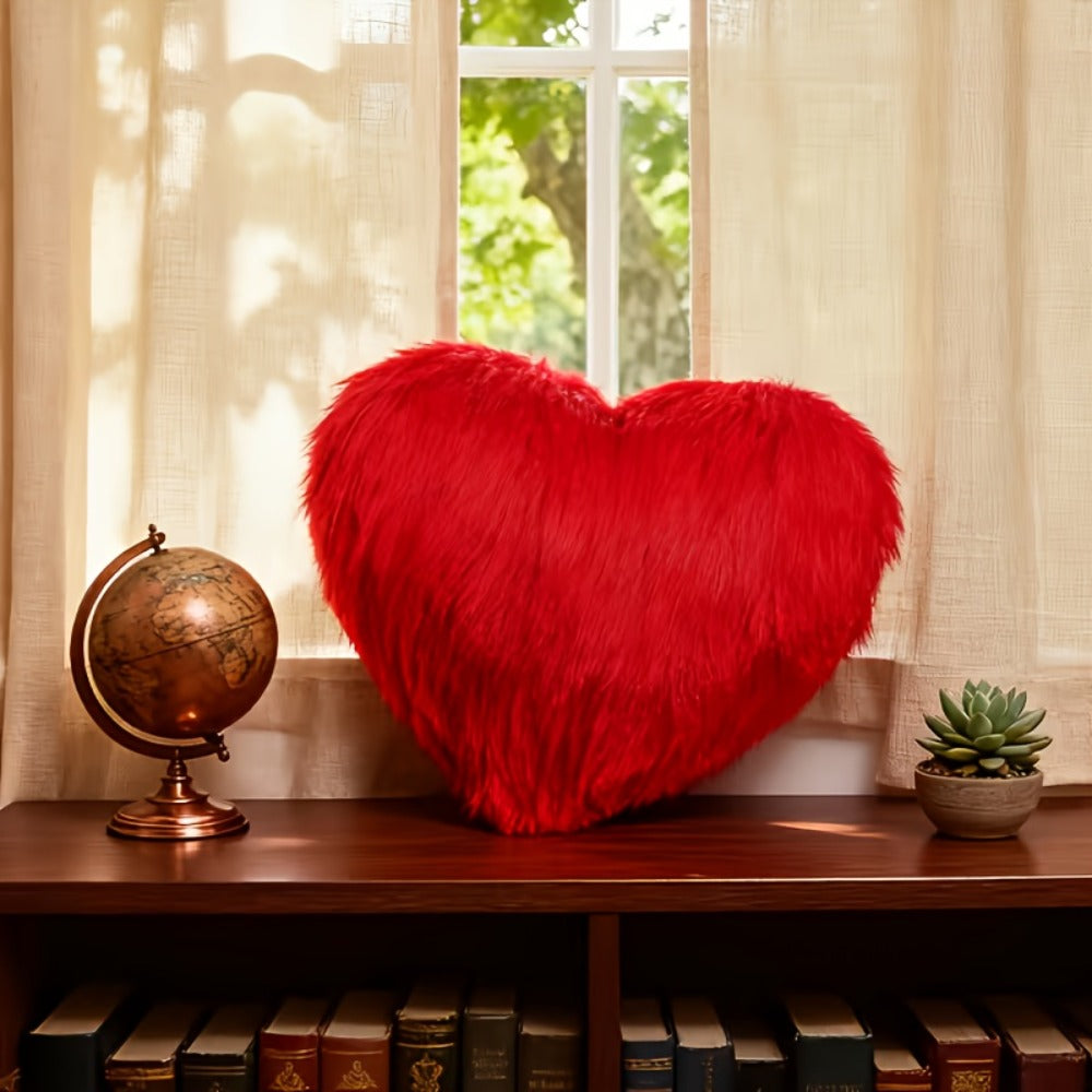 Heart Shaped Plush Pillow Cover Faux Wool Fluffy Cushion Cover for Sofa Bed Chair Car - Valentine's Day Decor Throw Pillowcase 17" Soft Decorative Pillow Case, Red & Pink, Insert Not Included