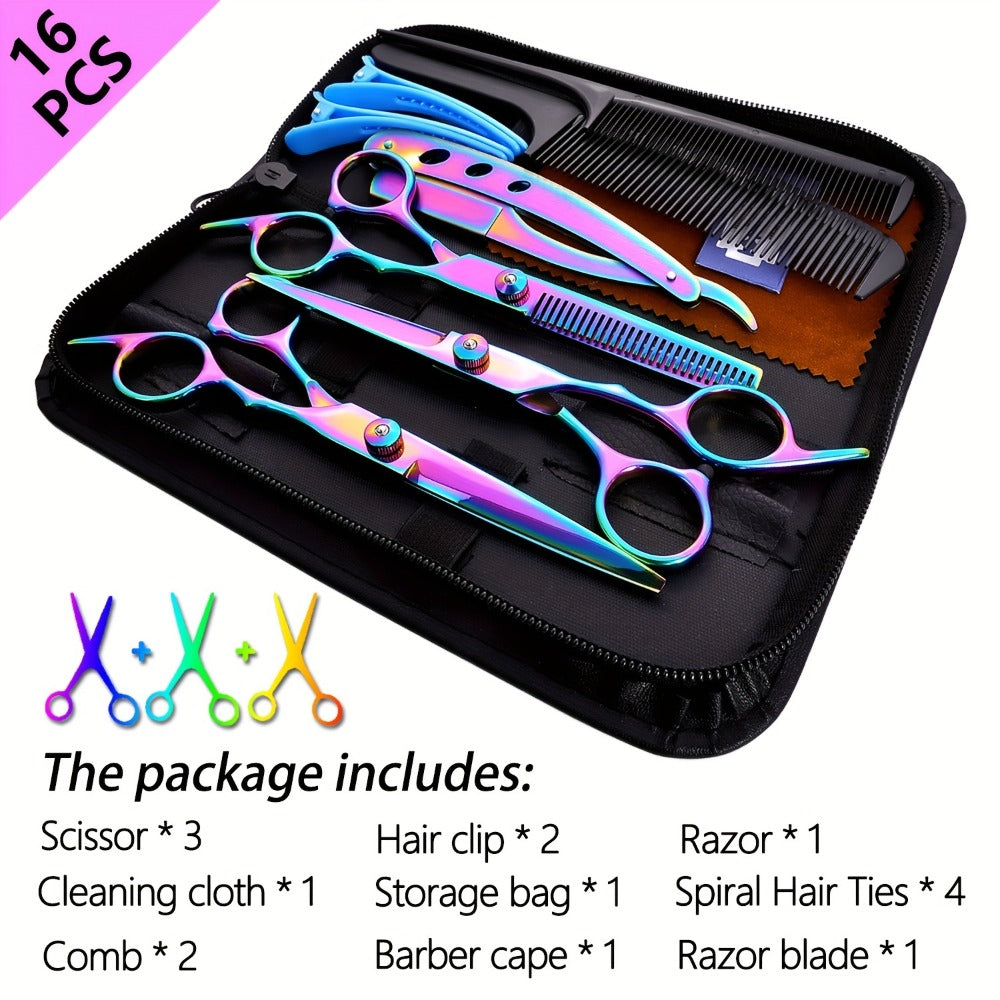 Professional Hair Scissors Set 16pcs 6.0 Inch – Thinning Shears Bangs Flat Cut Blending Salon Shears Diagonal Tail Design Hair Cutting Kit for Men Women Home Barber Gift